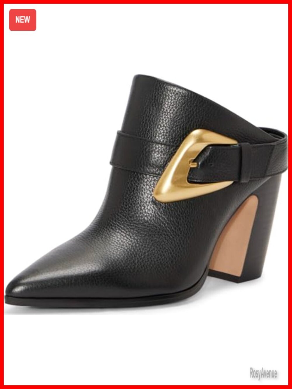 Womens Pointed Toe Block Heel Mules Slip-On Leather Buckle Dress Shoes